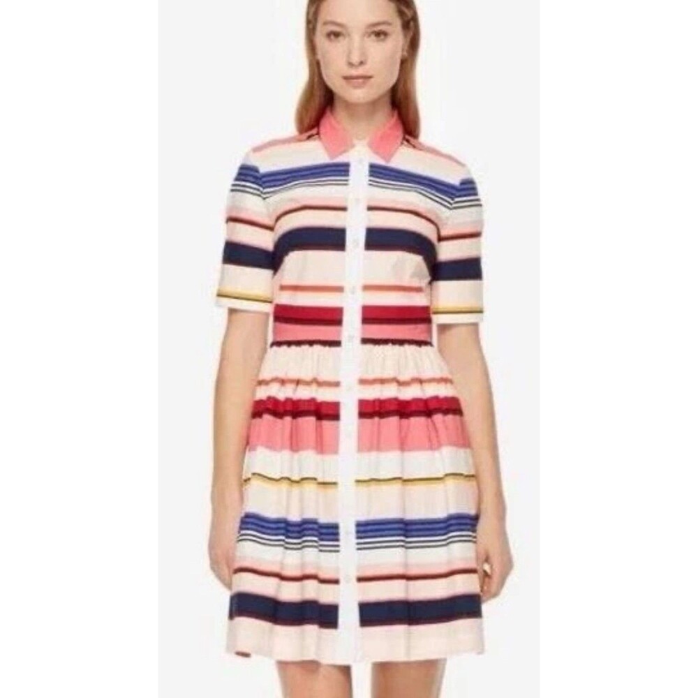 NWOT KATE SPADE New York Berber Striped Fit & Flare pink luxury Shirt Dress Sz 0